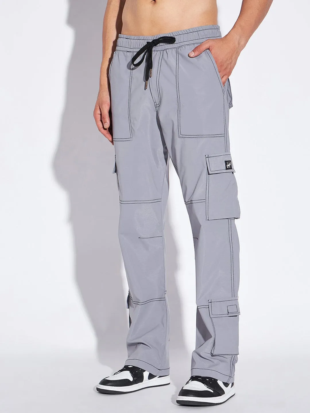 Grey Contrast Stitch Cargo Trackpants