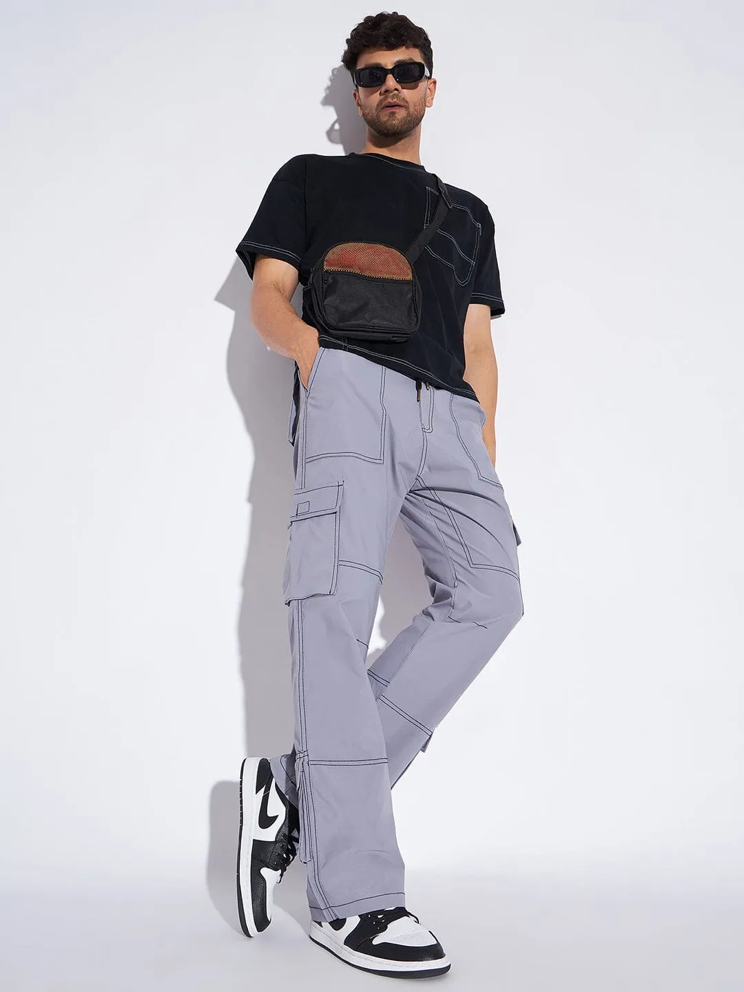 Grey Contrast Stitch Cargo Trackpants