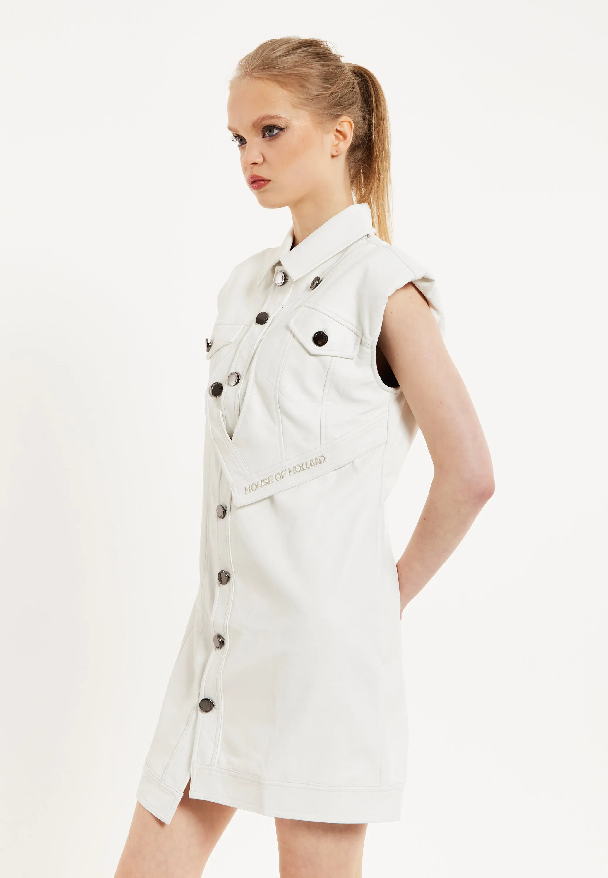 House Of Holland Rocker Faux Leather Twist Button Down Dress Off White