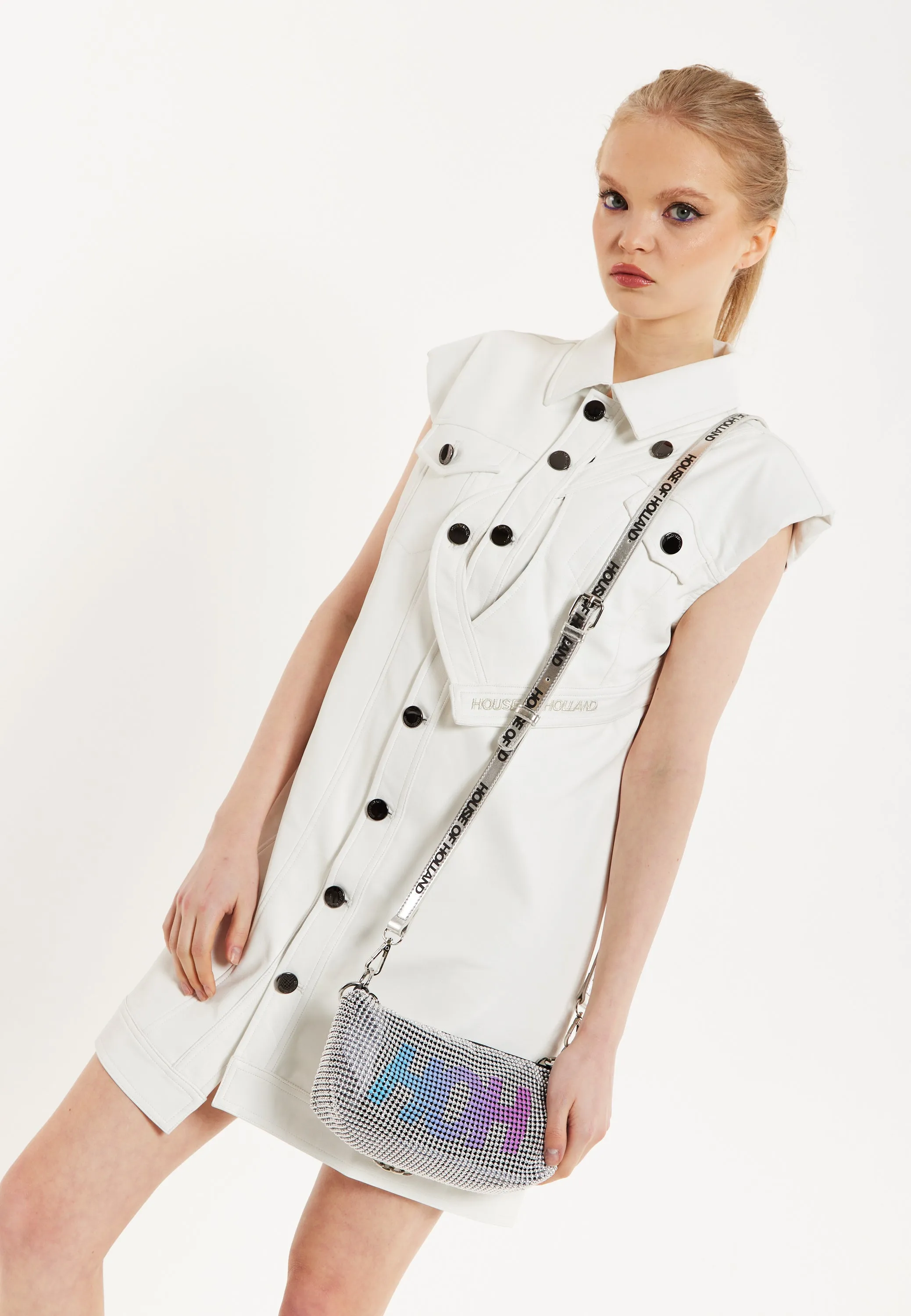 House Of Holland Rocker Faux Leather Twist Button Down Dress Off White