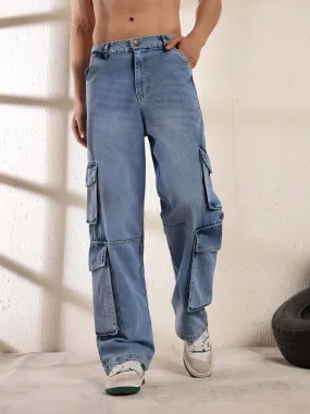 Ice Washed Baggy Cargo Denim