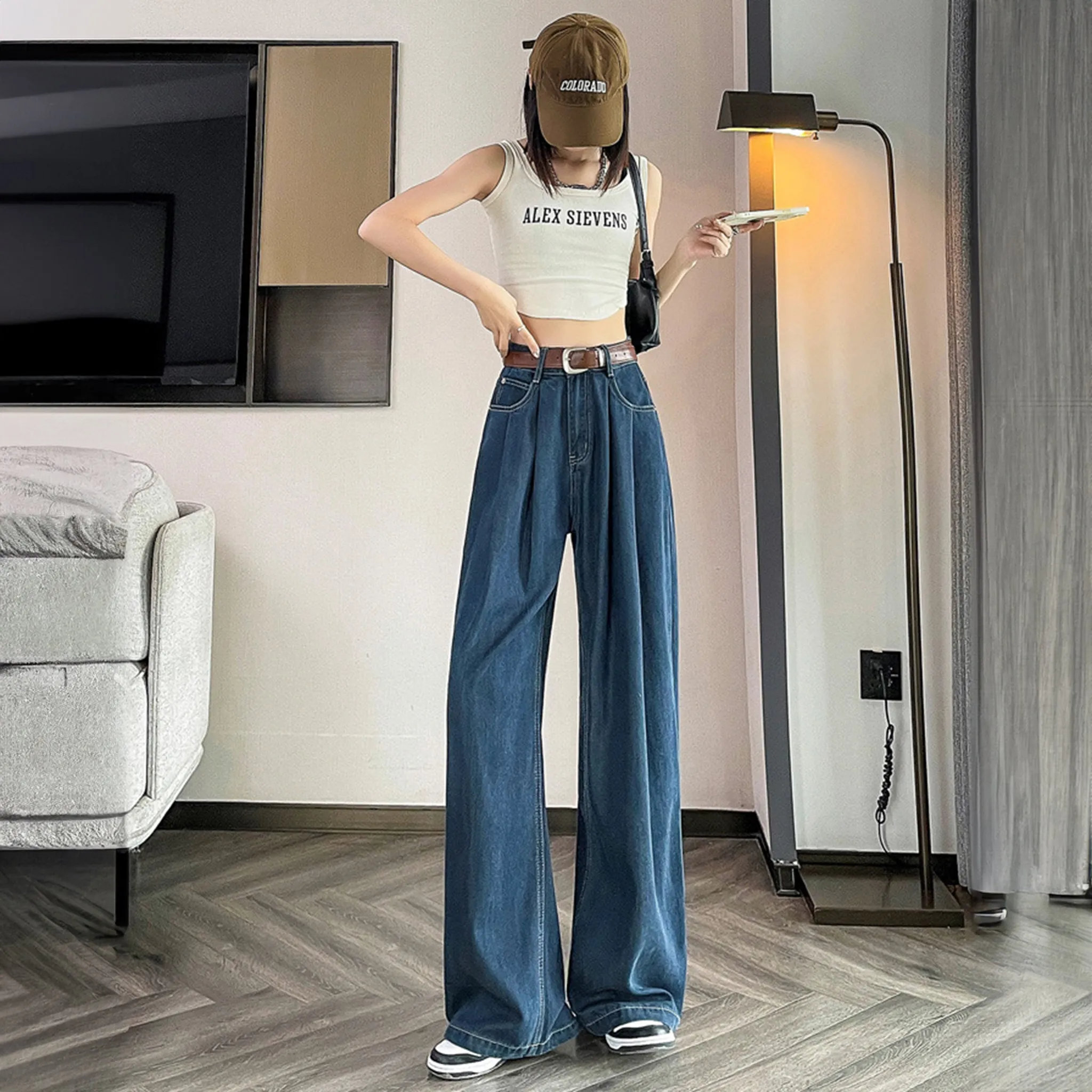 Light Blue Cotton Korean baggy pants for women