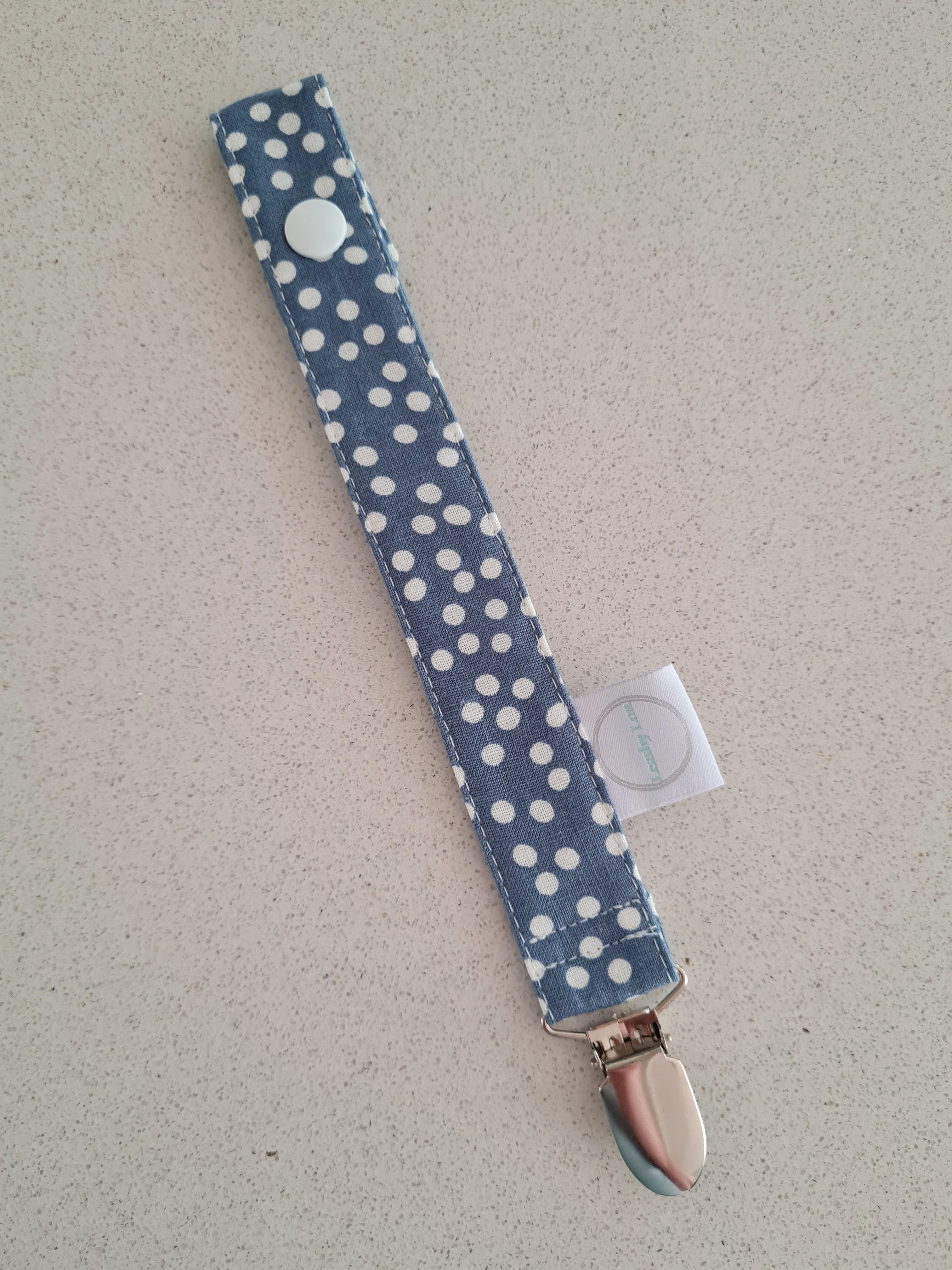 Linen Blue Polkadots Dummy Clip / Pacifier Clip