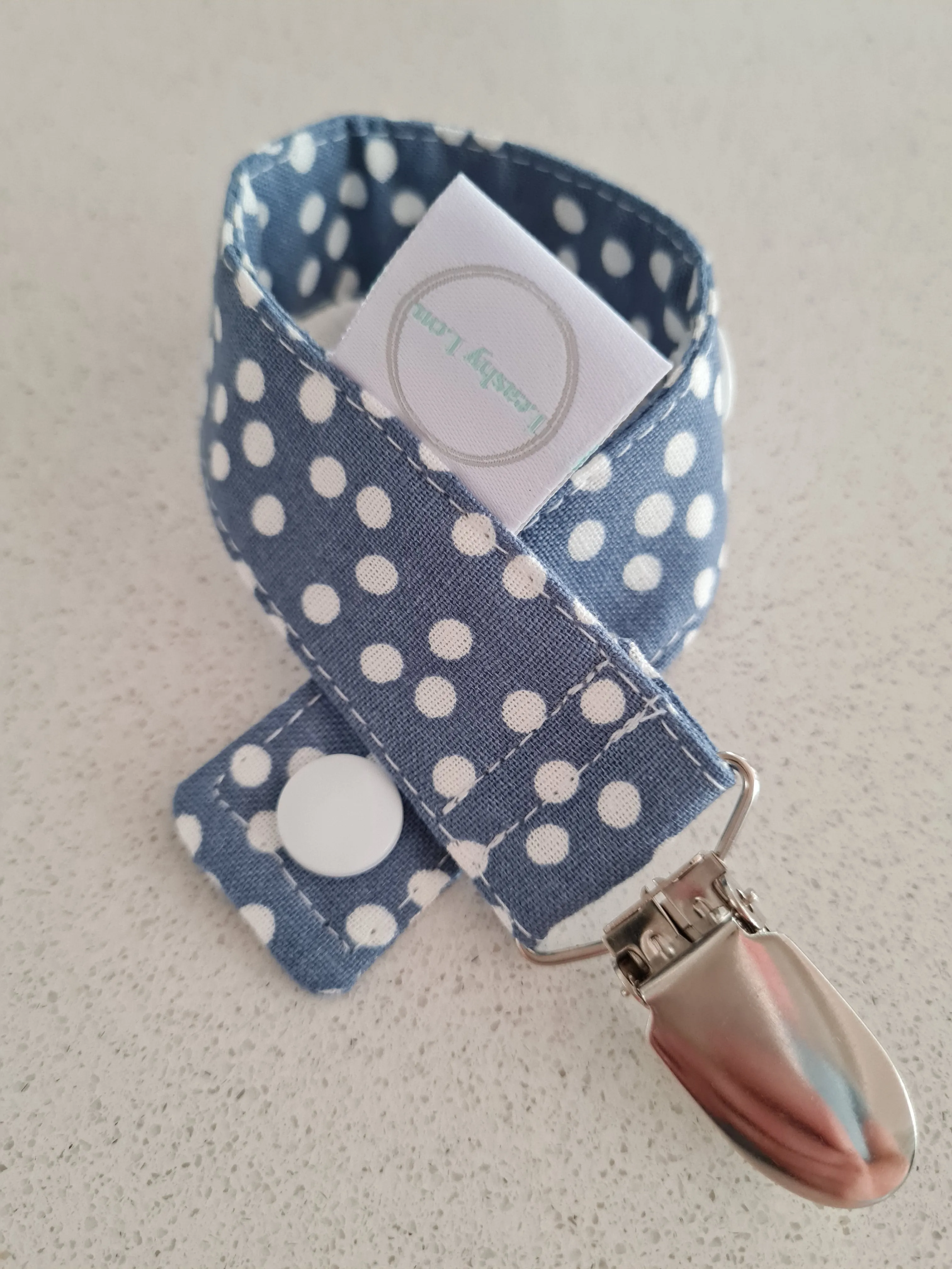 Linen Blue Polkadots Dummy Clip / Pacifier Clip