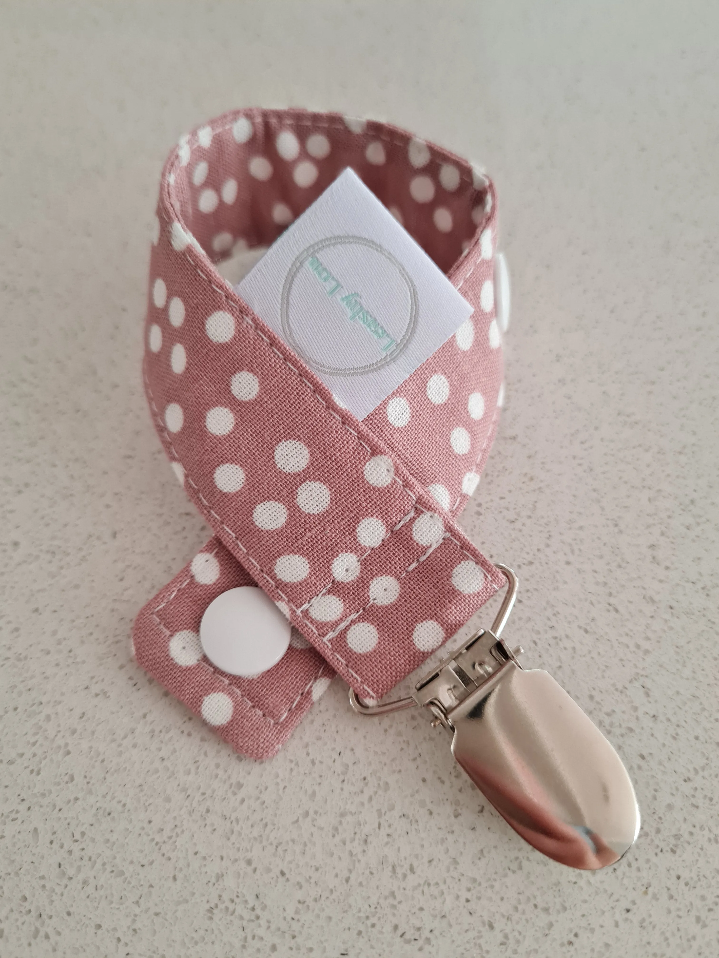 Linen Dusty Pink Polkadots Dummy Clip / Pacifier Clip