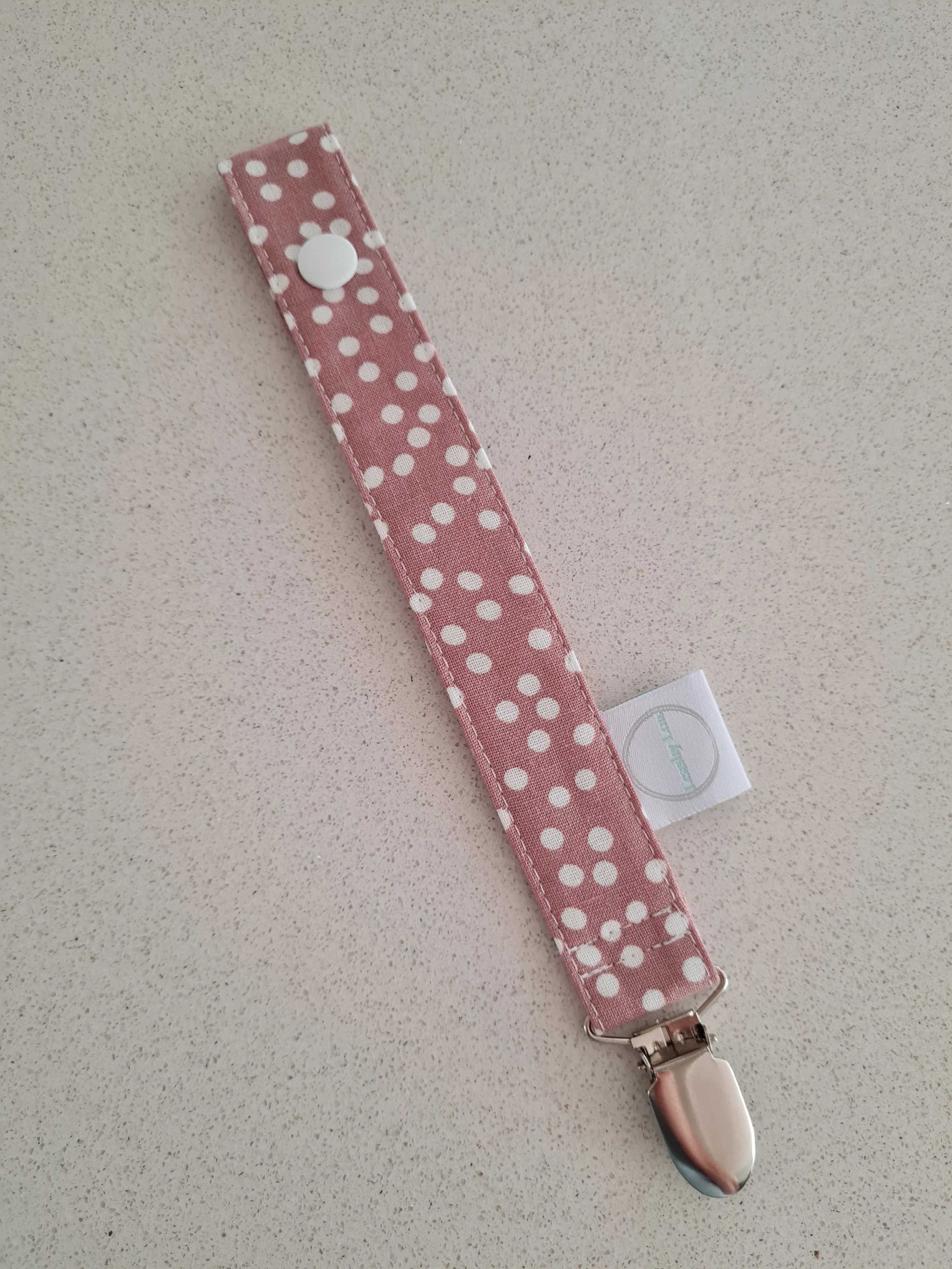 Linen Dusty Pink Polkadots Dummy Clip / Pacifier Clip