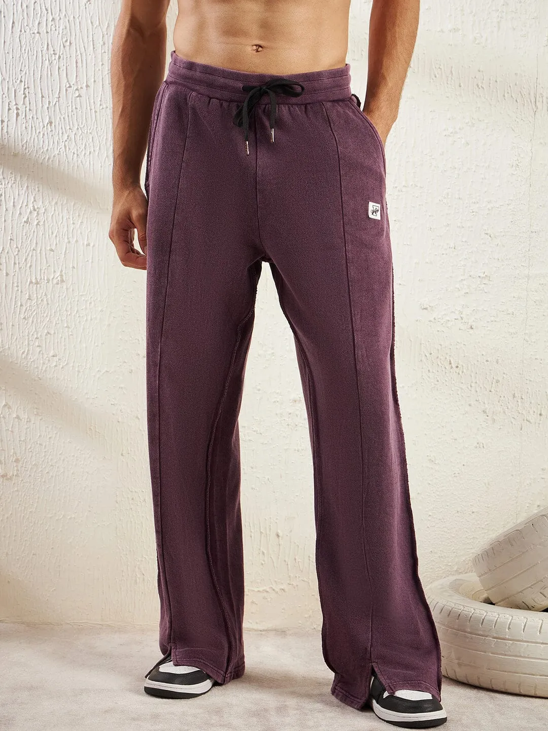 Mauve Dyed Raw Front Slit Relaxed Fit Jogger