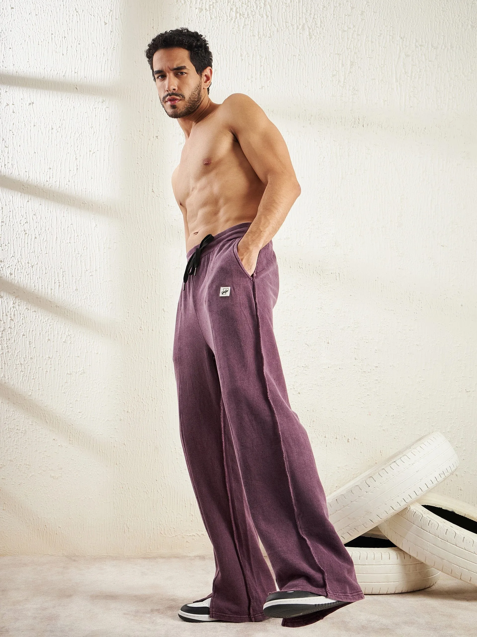 Mauve Dyed Raw Front Slit Relaxed Fit Jogger