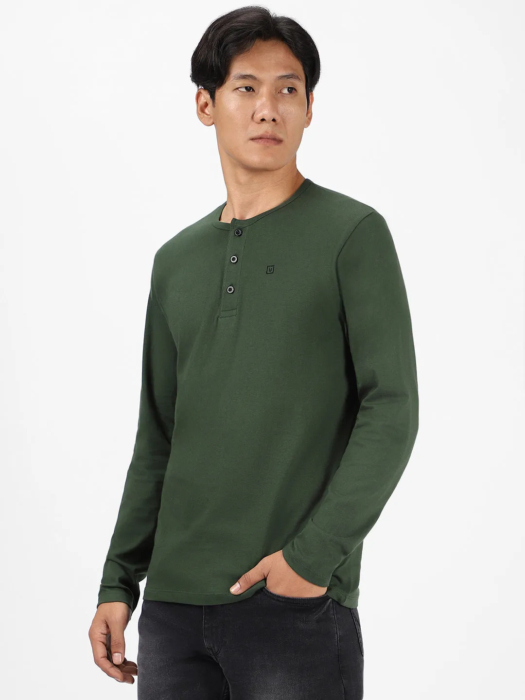 Men's Bottle Green Solid Henley Neck Slim Fit Full Sleeve Cotton T-Shirt