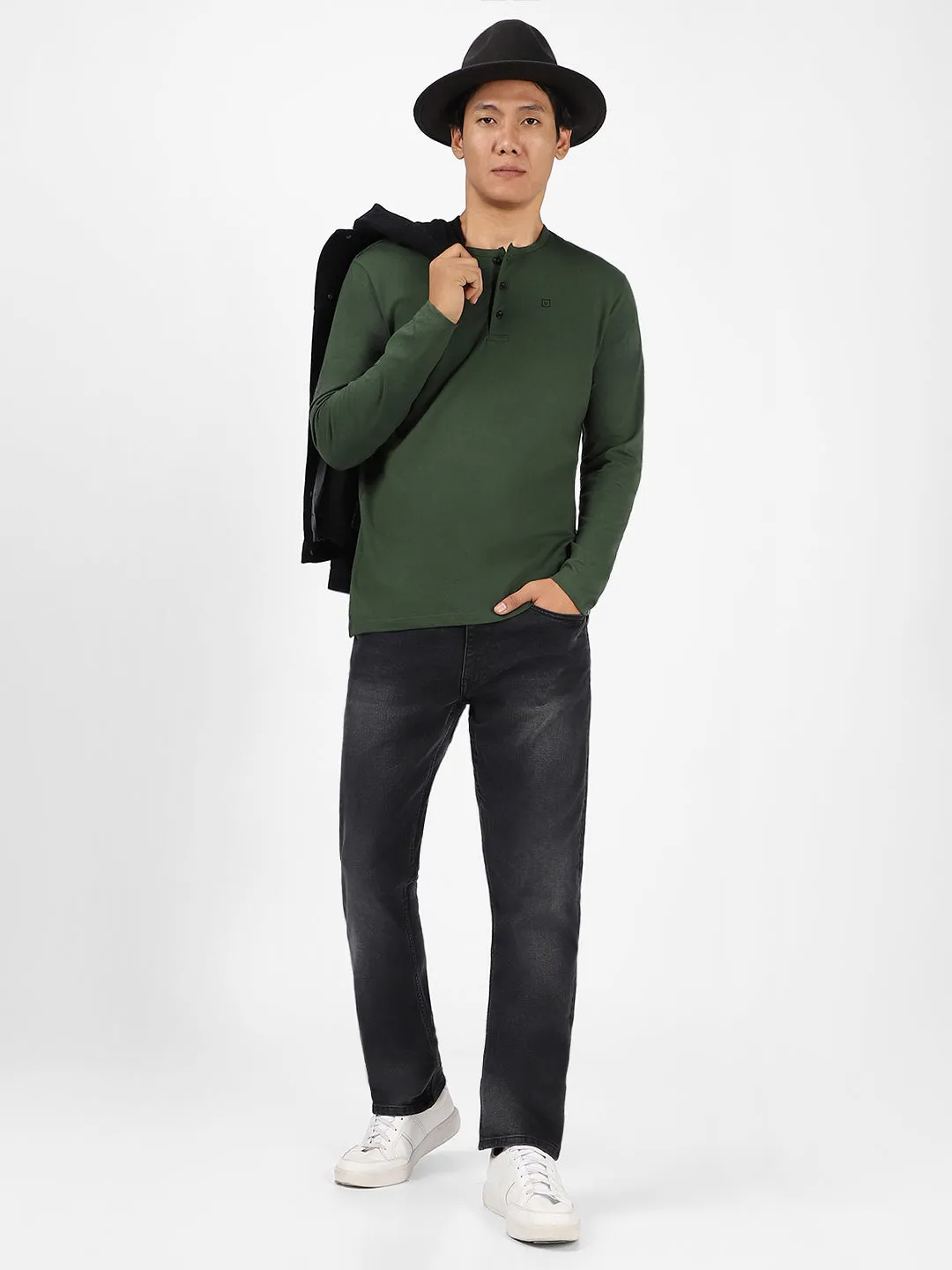 Men's Bottle Green Solid Henley Neck Slim Fit Full Sleeve Cotton T-Shirt