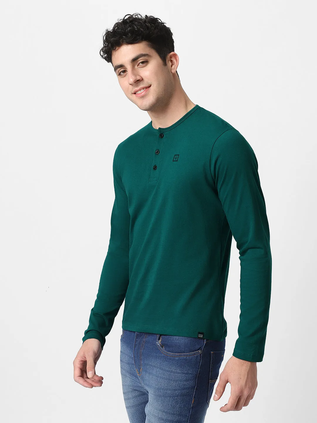 Men's Dark Green Solid Henley Neck Slim Fit Cotton T-Shirt