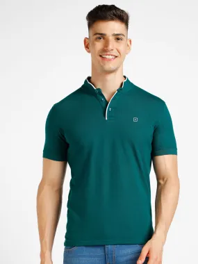 Men's Green Solid Slim Fit Half Sleeve Cotton Polo T-Shirt with Mandarin Collar