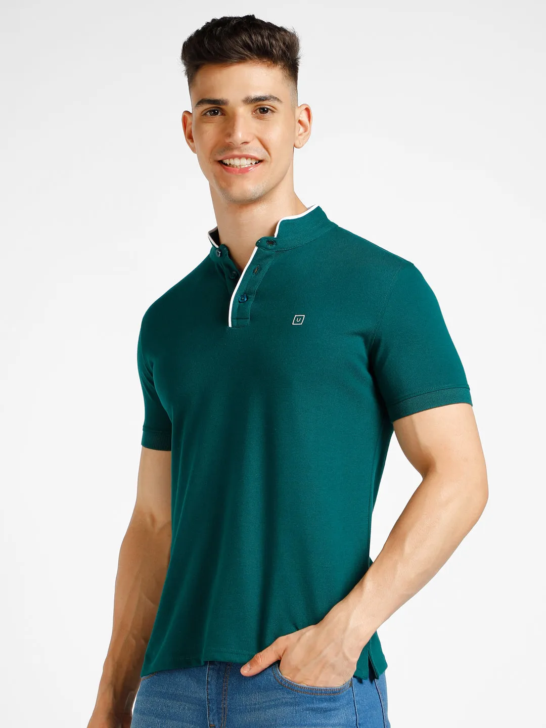 Men's Green Solid Slim Fit Half Sleeve Cotton Polo T-Shirt with Mandarin Collar