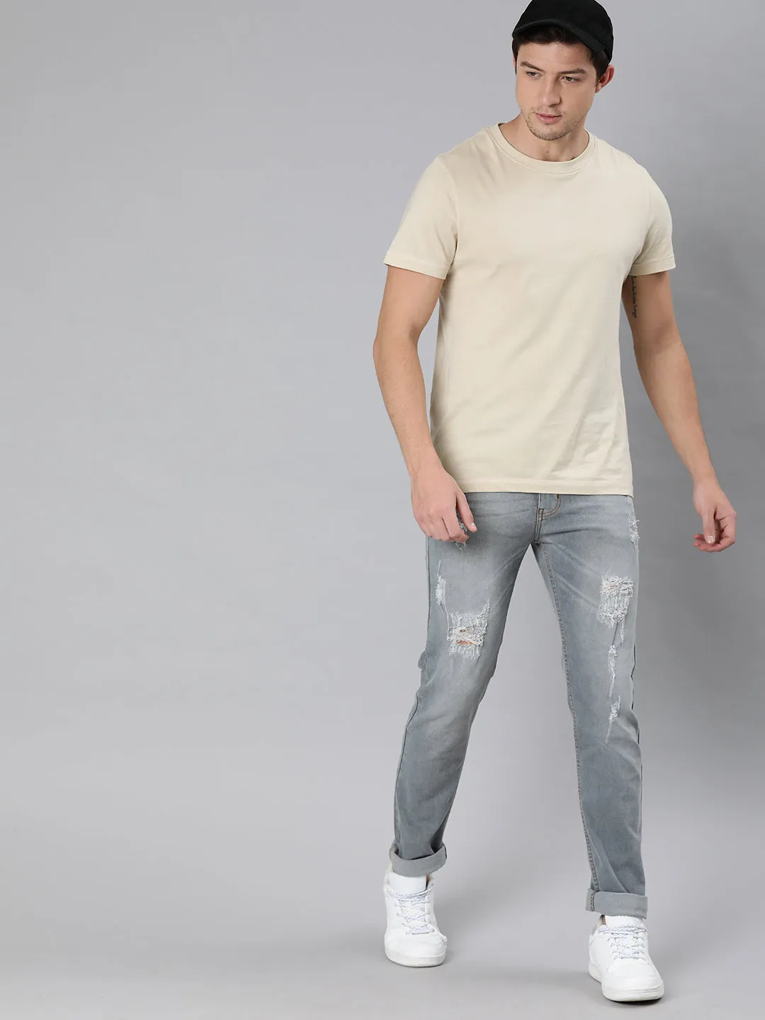 Men's Light Grey Slim Fit Heavy Distressed/Torn Jeans