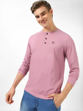 Men's Lilac Solid Henley Neck Slim Fit Full Sleeve Cotton T-Shirt