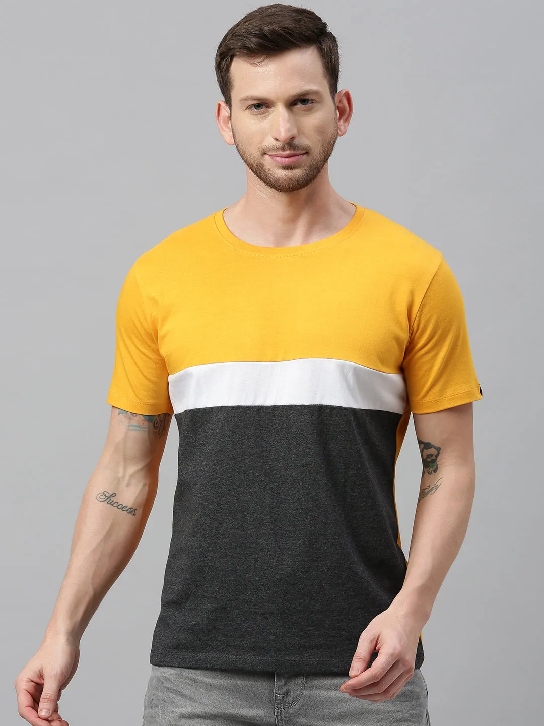 Men's Mustard, White, Charcoal Colour-Block Slim Fit Half Sleeve T-Shirt