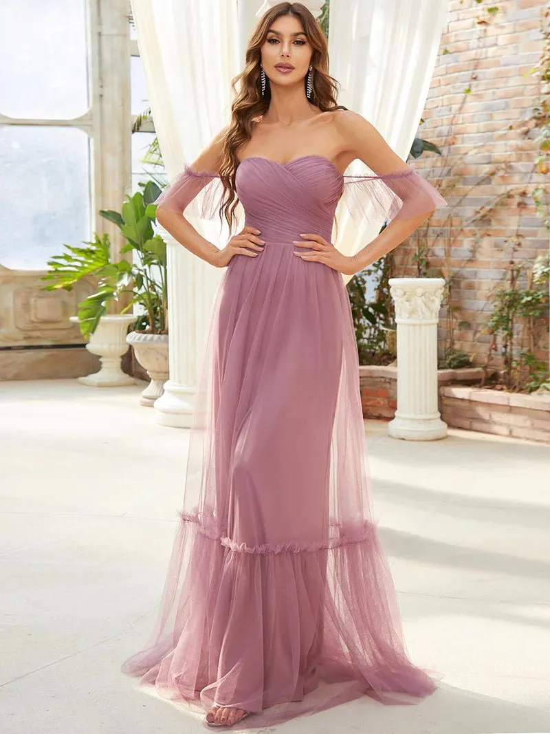 Off-Shoulder Layered Skirt Tulle Evening Dress