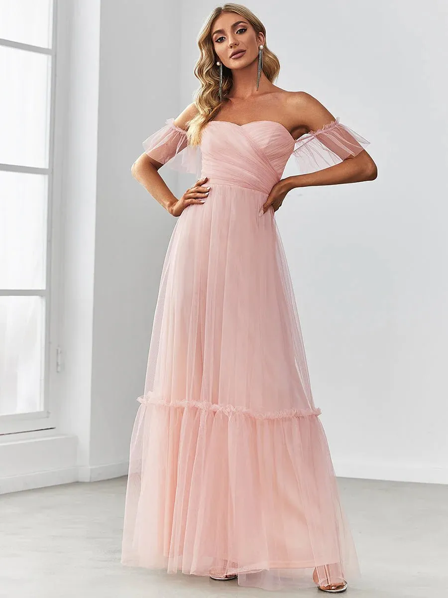 Off-Shoulder Layered Skirt Tulle Evening Dress