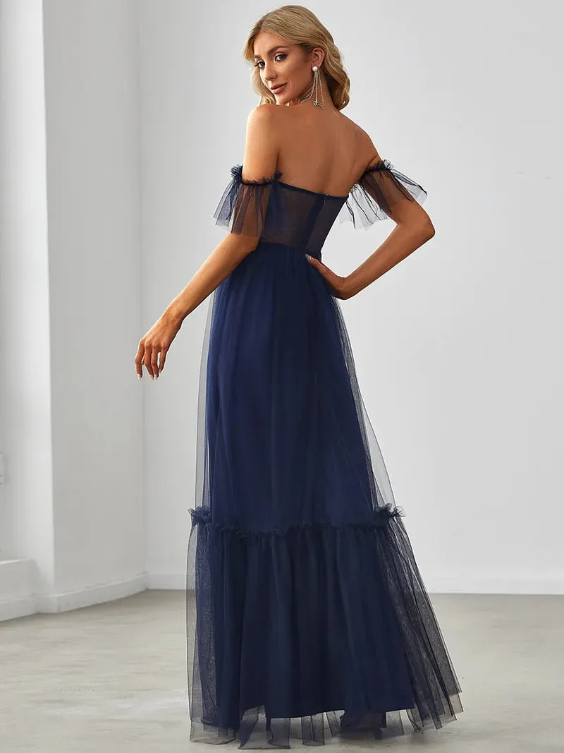 Off-Shoulder Layered Skirt Tulle Evening Dress