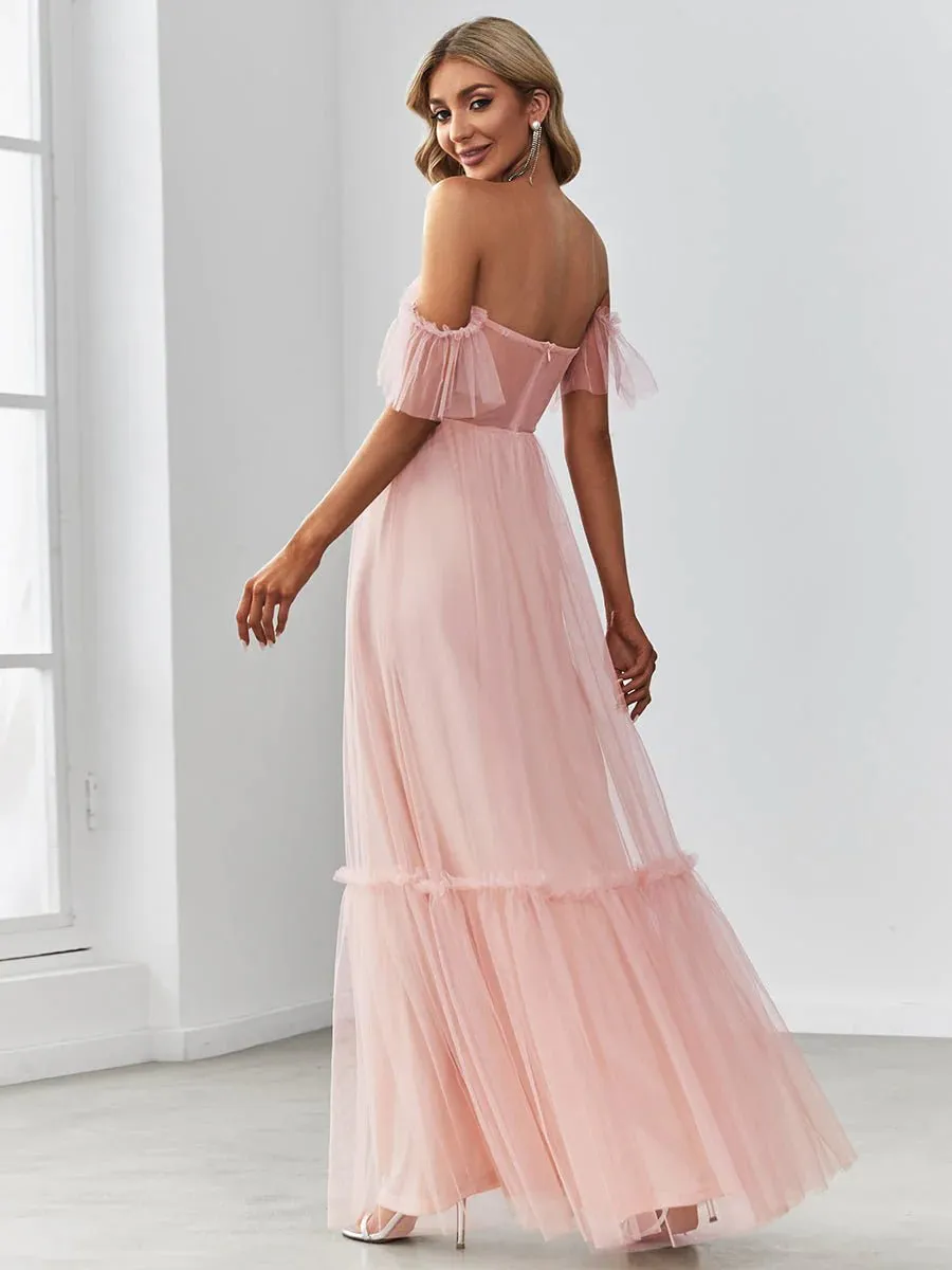 Off-Shoulder Layered Skirt Tulle Evening Dress