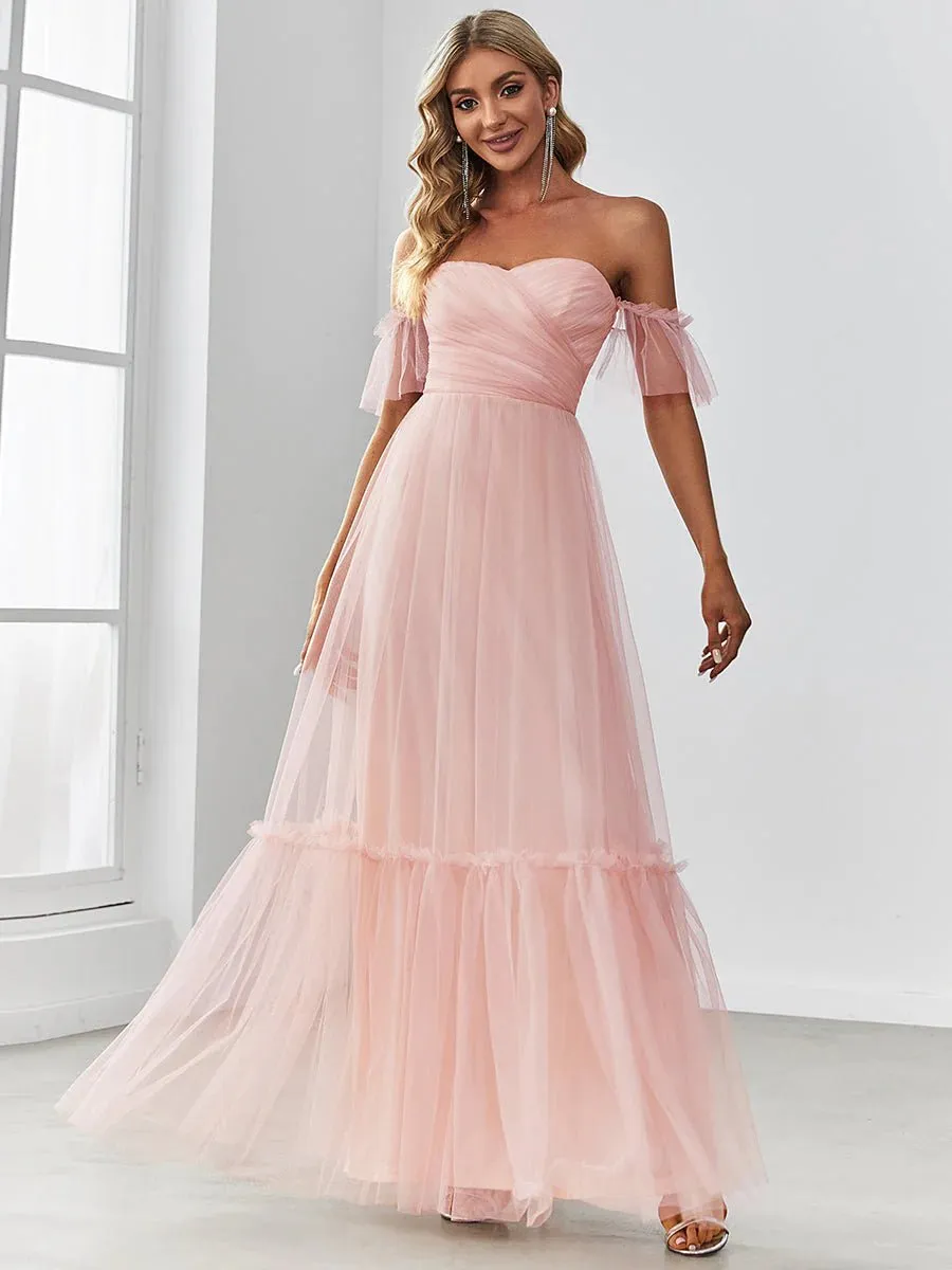 Off-Shoulder Layered Skirt Tulle Evening Dress