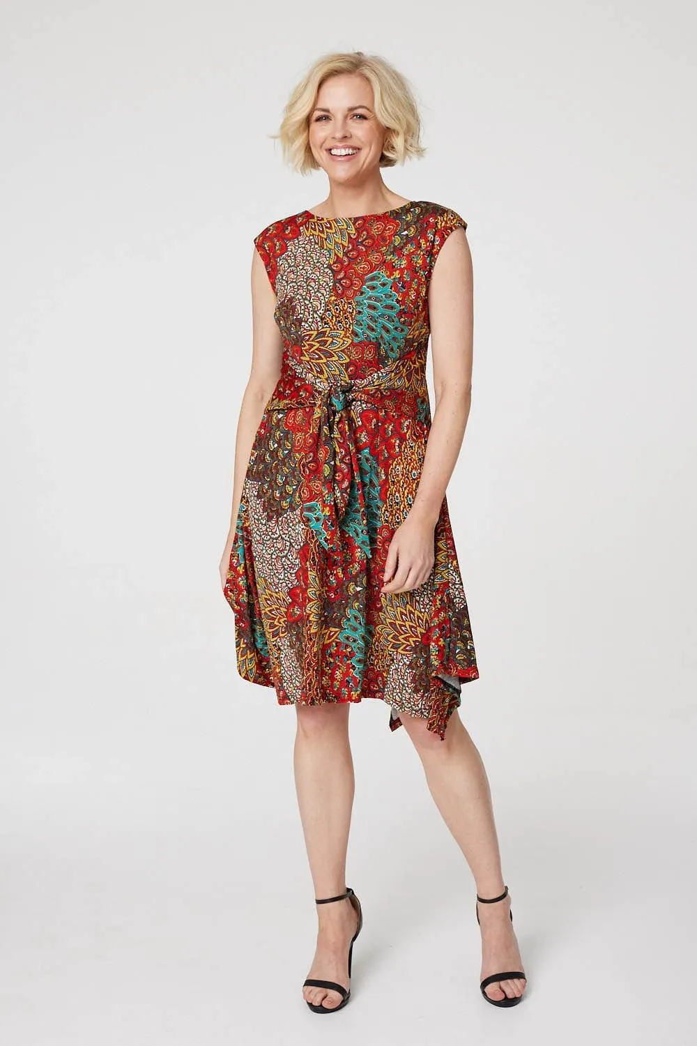 Peacock Print Tie Front Dress