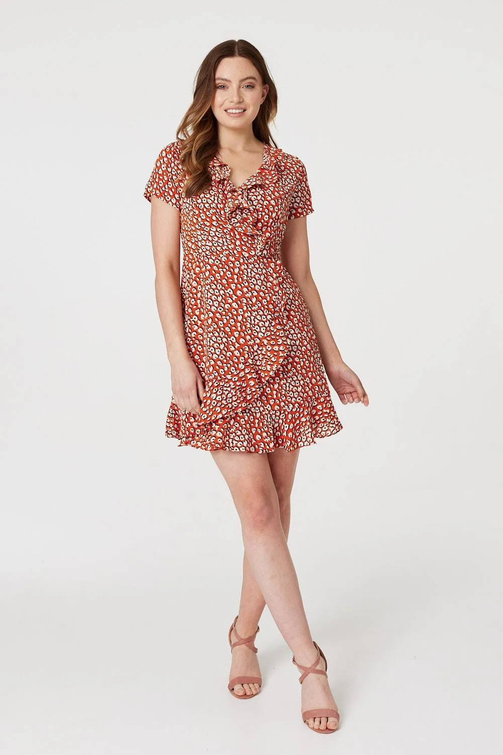 Printed Ruffle Front Wrap Dress