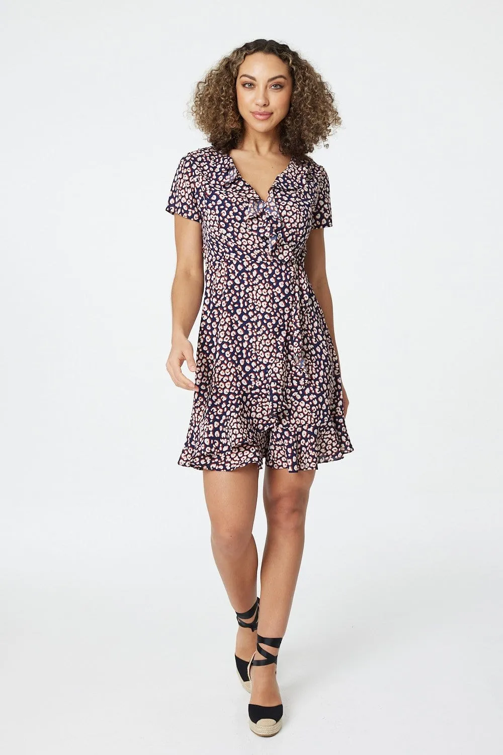 Printed Ruffle Front Wrap Dress