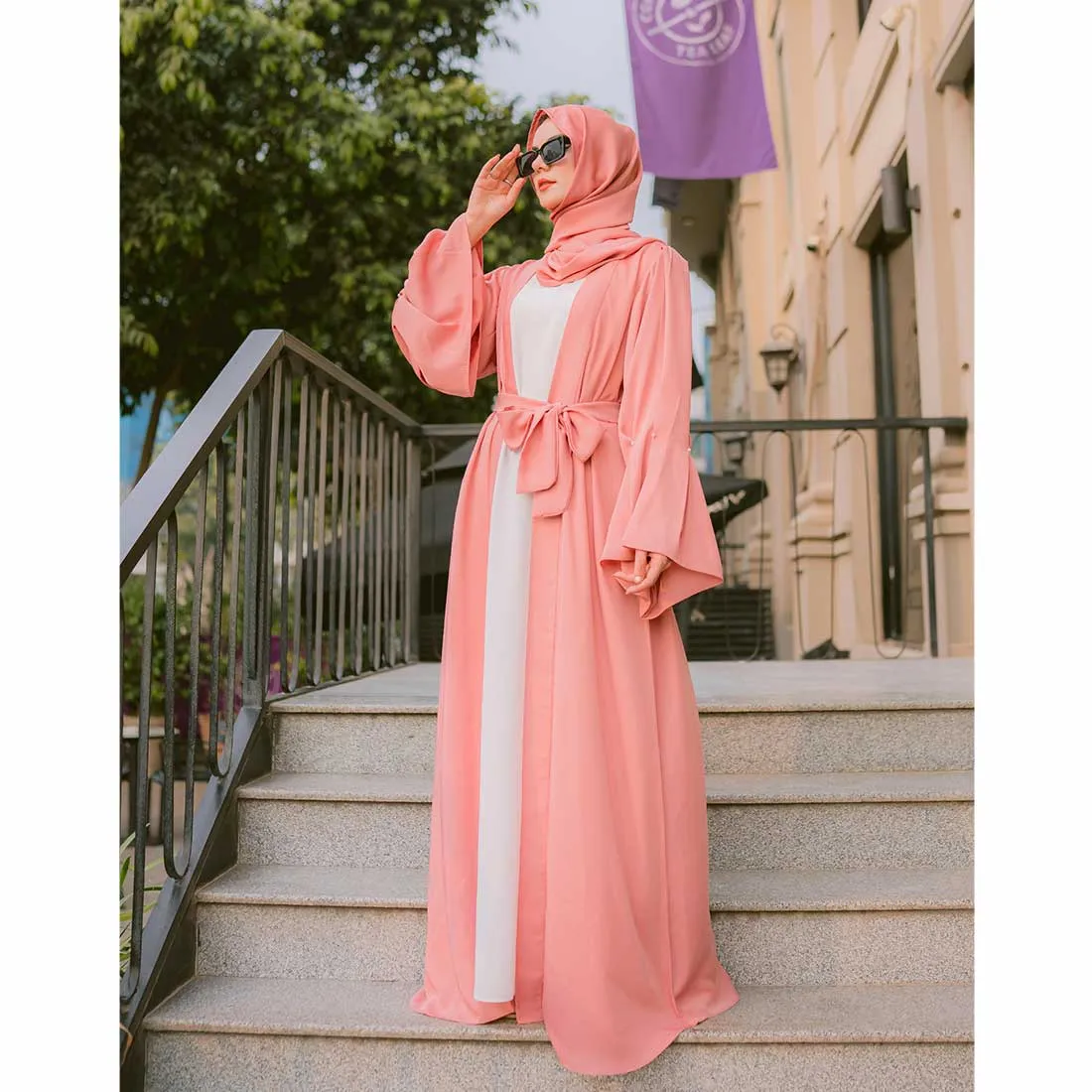 Puff Sleeves Front Open Abaya (pink)