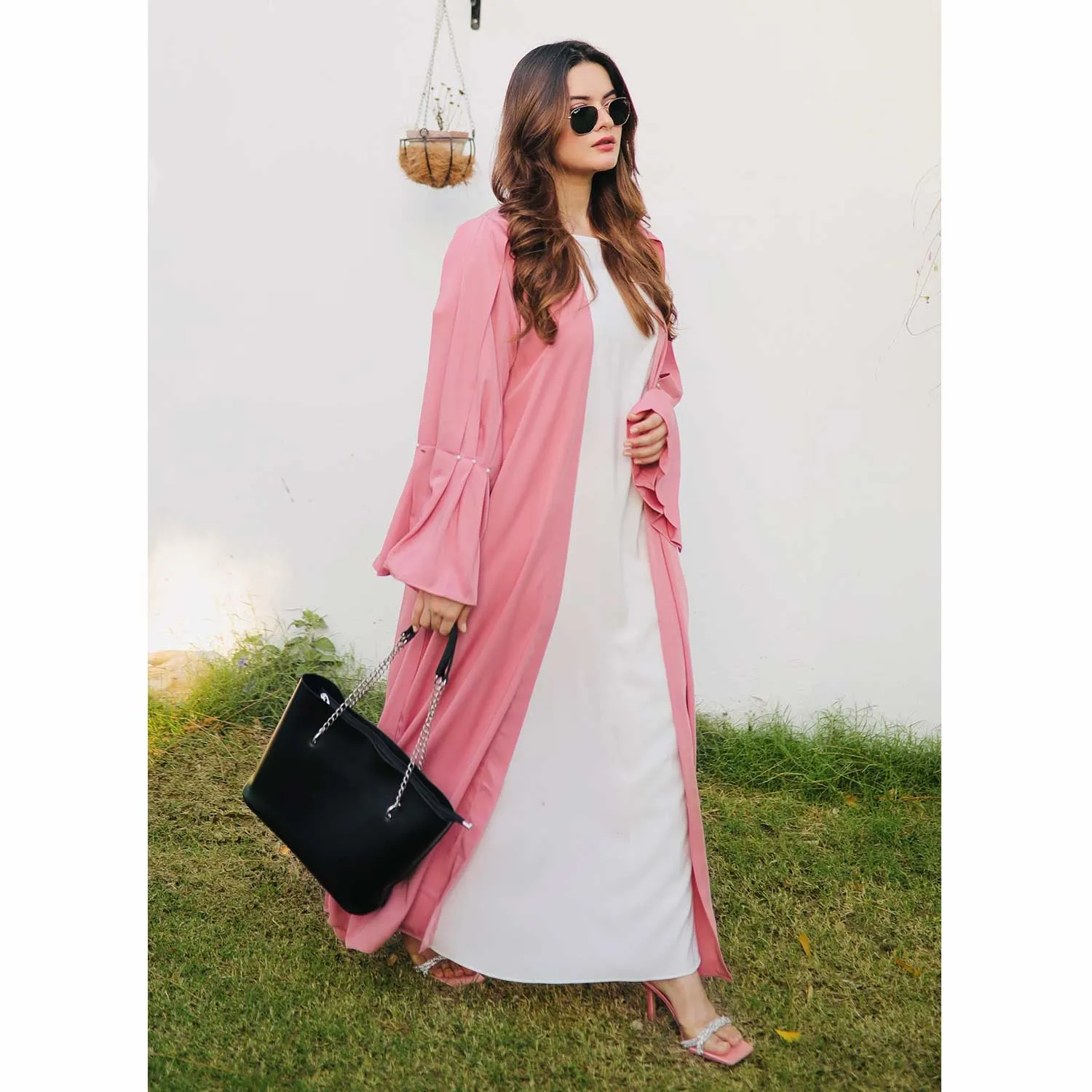 Puff Sleeves Front Open Abaya (pink)