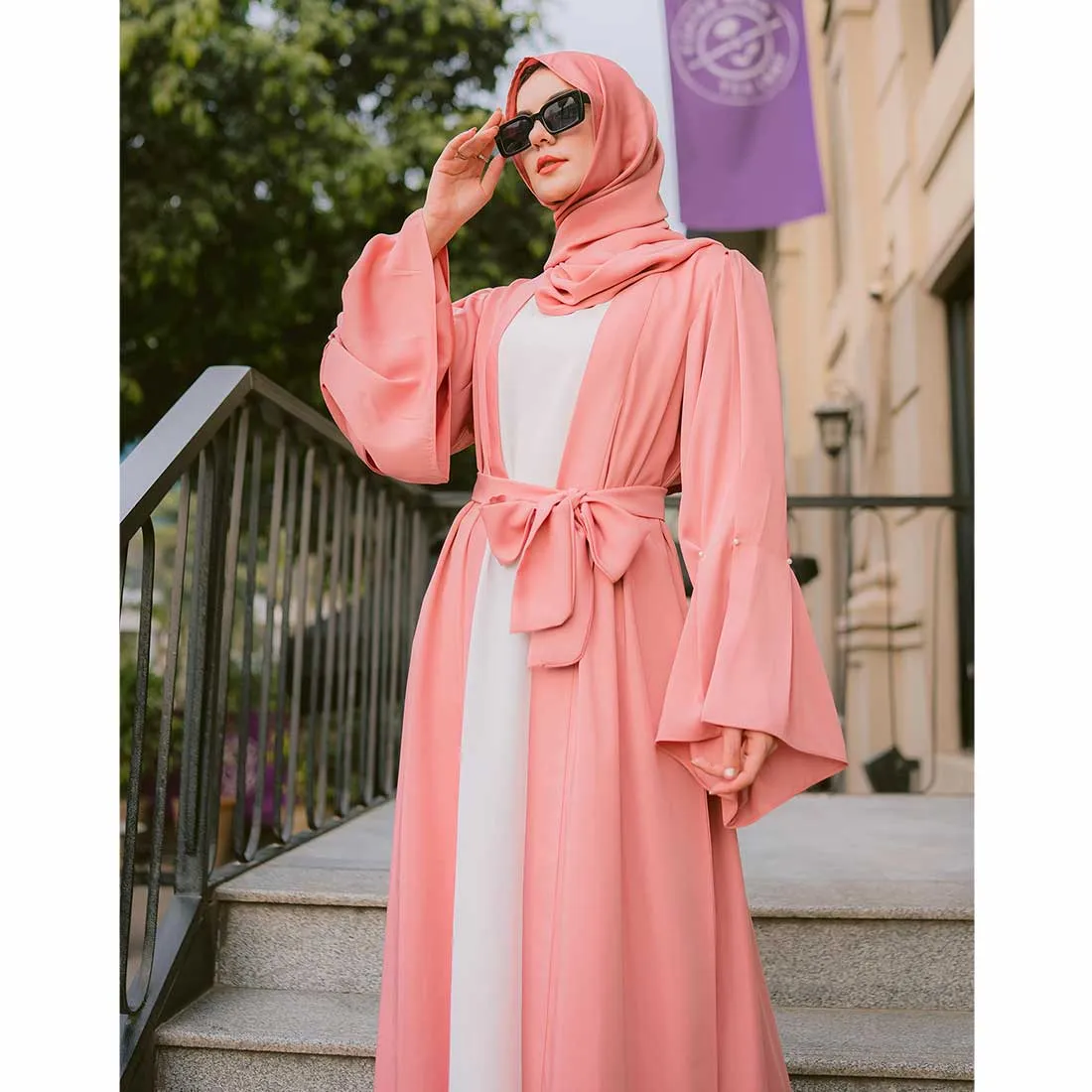 Puff Sleeves Front Open Abaya (pink)