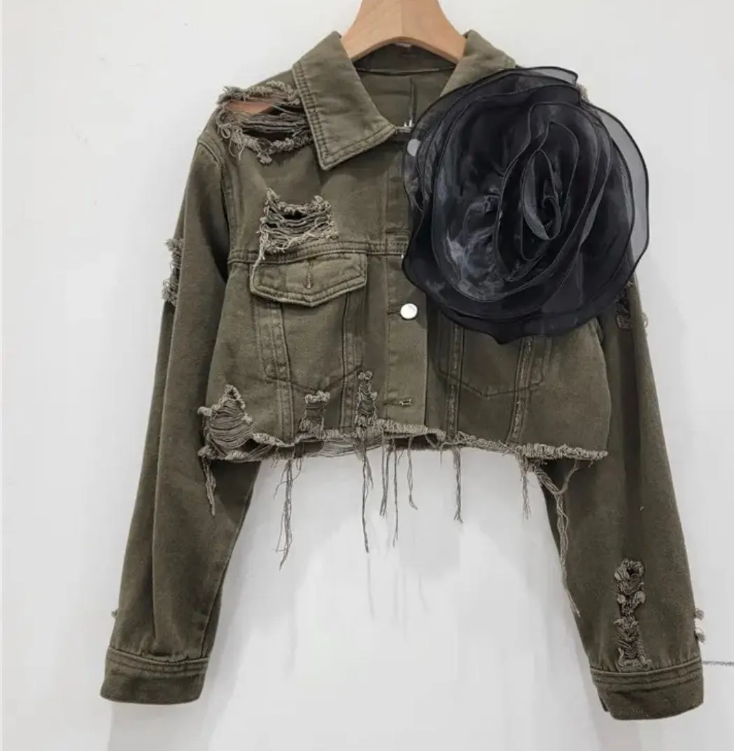 Rosette Distressed Jean JAcket