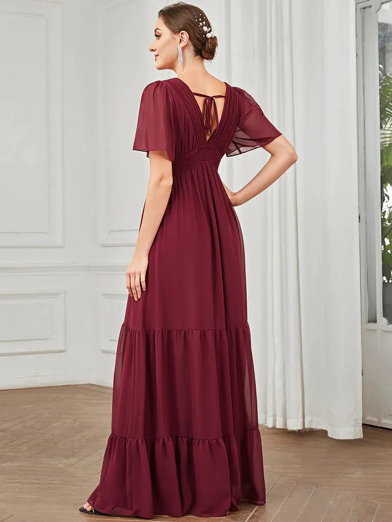 Simple V Neck A Line Short Sleeves Evening Dress