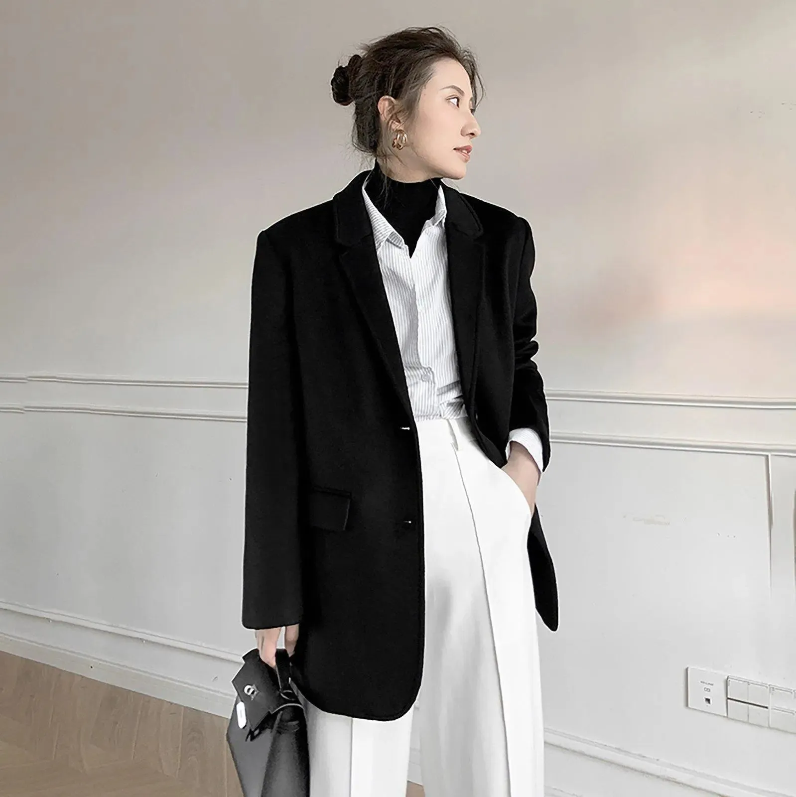 Women Black Wool Blazer,Oversize Woolen Coat,Black wool blend coat,Winter Coat women,boyfriend blazer,Wool suit,Black Wool Coat,Vivian7 W113