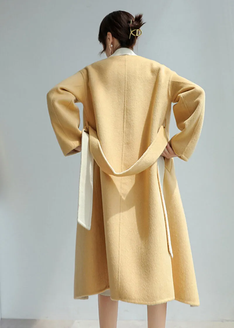 Women Yellow Double-sided wool coat winter light luxury Double Breasted Long Length Woolen coat Fall Wool Blend Coat Overcoat Outerwear