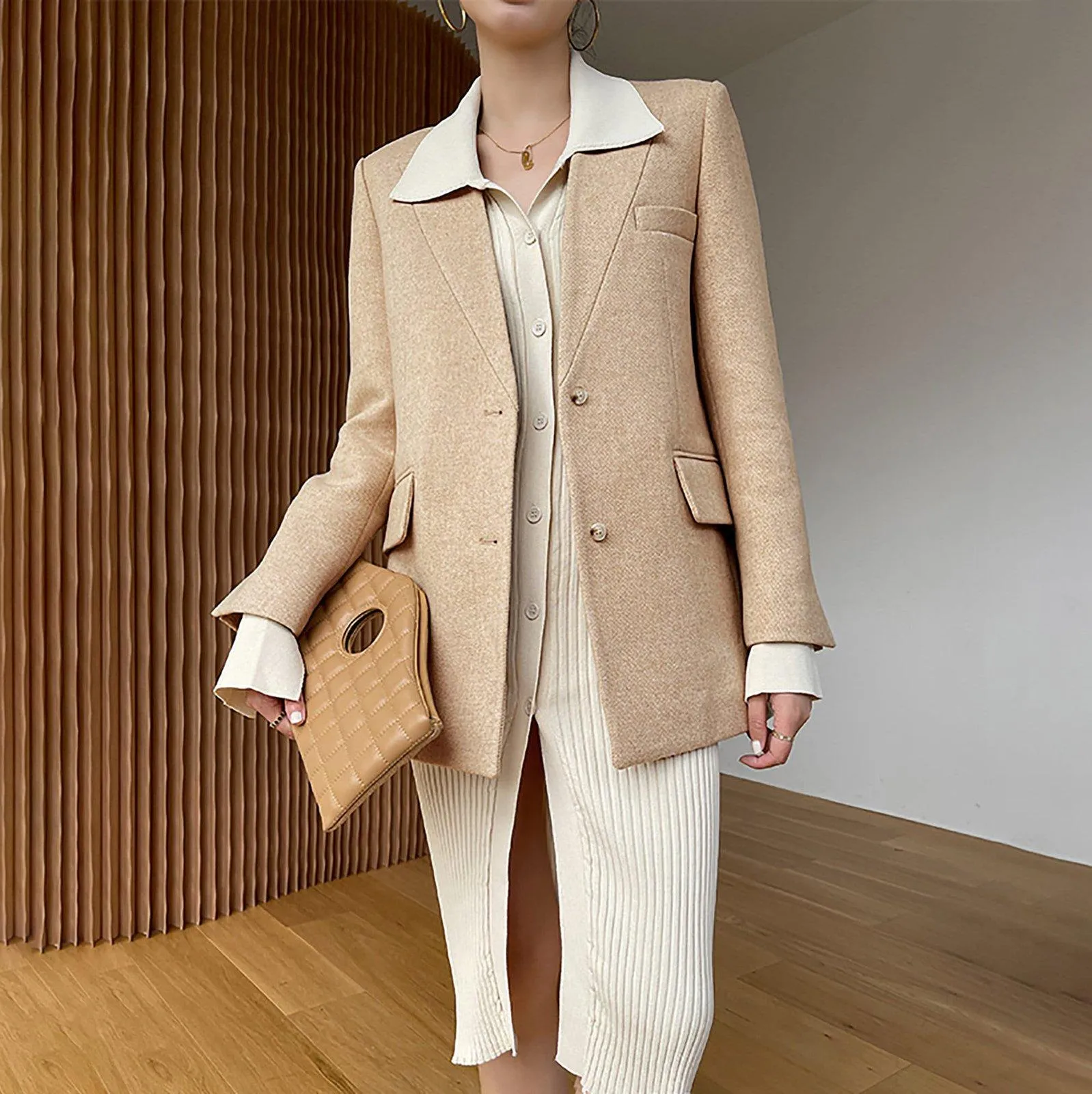 Women's Wheat Wool Blazer Coat,V Neck Wool Suit,Warm Wool Coat,Autumn Blazer Jacket,Oversize Woolen Suit,Office lady Wool Blazer Suit Coat